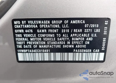 2014 Volkswagen Passat 2.5L Se from USA, damaged, VIN 1VWBP7A34EC010491